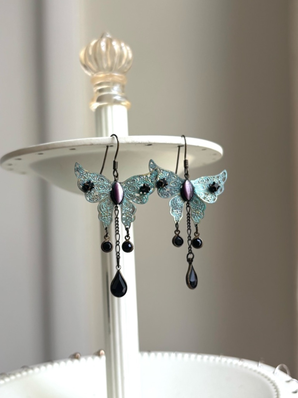 Handcrafted Turquoise Butterfly Purple and Black Beaded Dangle Earrings